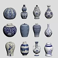 Blue and White Ceramic Vessels With Traditional Patterns And Various Decorative Shapes
