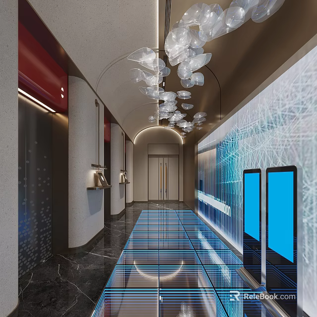 Modern Luxury Elevator Corridor With Art Glass Chandelier And Elegant Ambient Interior Lighting Design 3d model 