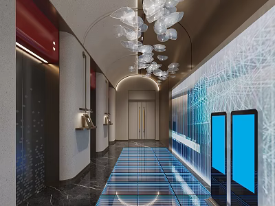 Modern Luxury Elevator Corridor With Art Glass Chandelier And Elegant Ambient Interior Lighting Design 3d model