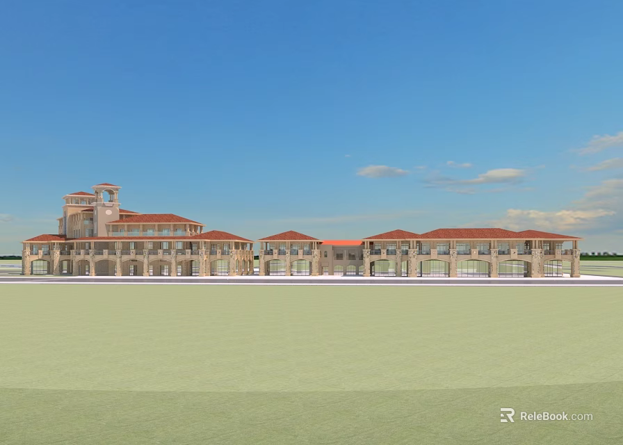 Mediterranean Style Commercial Complex With Red Roof Multiple Connected Buildings Open Front Area Blue Sky 3d model 