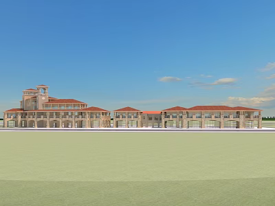 Mediterranean Style Commercial Complex With Red Roof Multiple Connected Buildings Open Front Area Blue Sky 3d model