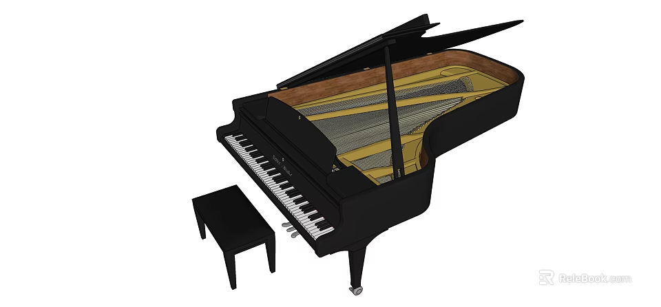 Elegant Black Grand Piano Musical Instrument With Matching Stool And Classic Design 3d model 