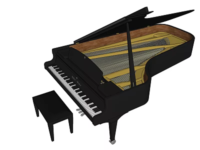 Elegant Black Grand Piano Musical Instrument With Matching Stool And Classic Design 3d model