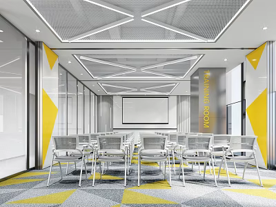 Modern Meeting Room Interior With Geometric Ceiling Yellow Accents White Chairs And Projection Screen 3d model