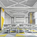 Modern Meeting Room Interior With Geometric Ceiling Yellow Accents White Chairs And Projection Screen