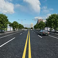 Road Infrastructure Features Asphalt Road Yellow Double Solid Lines Street Lamps And Trees