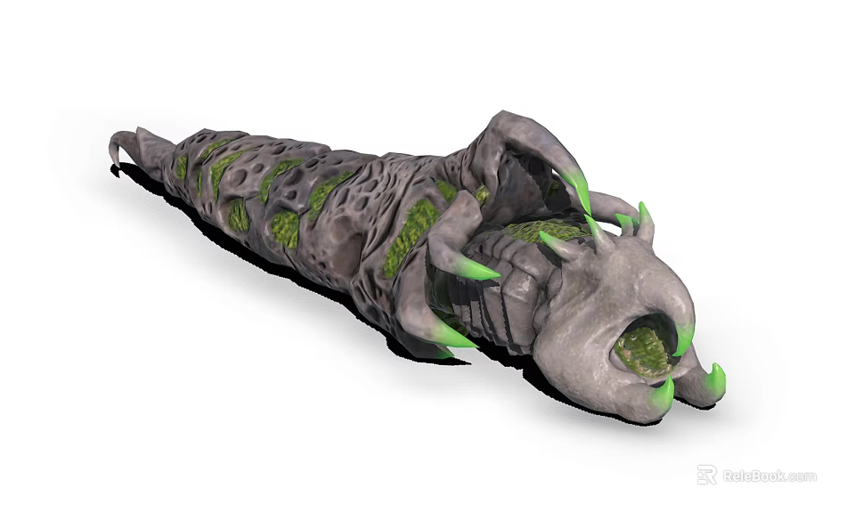 Giant Gray Worm Creature With Green Glowing Parts Sharp Claws And Open Mouth 3d model 
