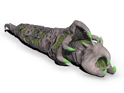 Giant Gray Worm Creature With Green Glowing Parts Sharp Claws And Open Mouth 3d model
