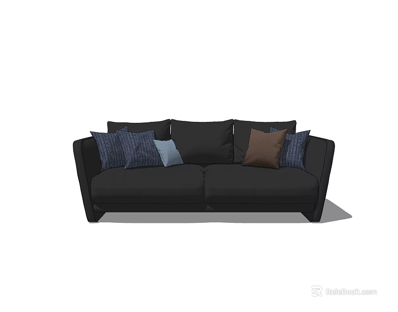 Black Two Seater Sofa with Blue and Brown Decorative Cushions Modern Design 3d model
