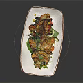Grilled Meat With Melted Cheese Greens Tomatoes And Herbs On White Plate With Brown Rim