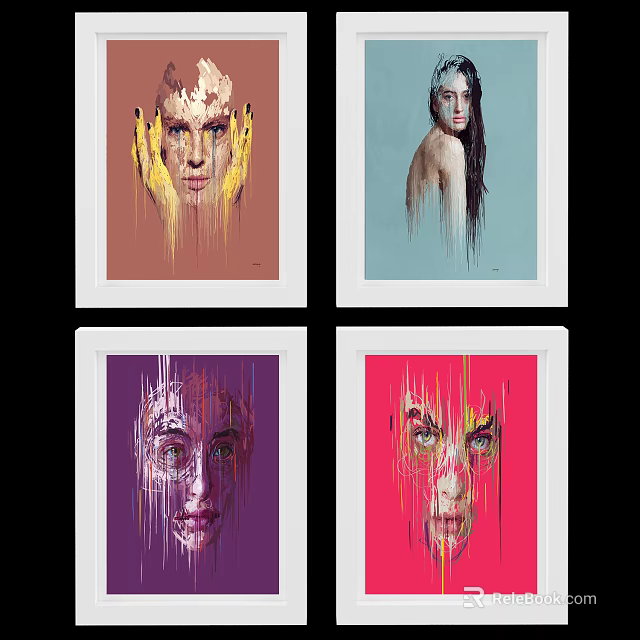 Colorful Abstract Portrait Paintings With Fluid Paint Effects In Brown Light Blue Purple Red Tones 3d model 