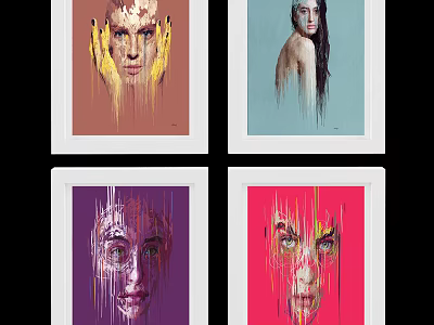 Colorful Abstract Portrait Paintings With Fluid Paint Effects In Brown Light Blue Purple Red Tones 3d model
