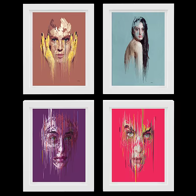 Colorful Abstract Portrait Paintings With Fluid Paint Effects In Brown Light Blue Purple Red Tones 3d model