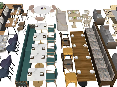 Public Chairs In Various Styles With Dining Tables And Booth Seating For Cafés 3d model