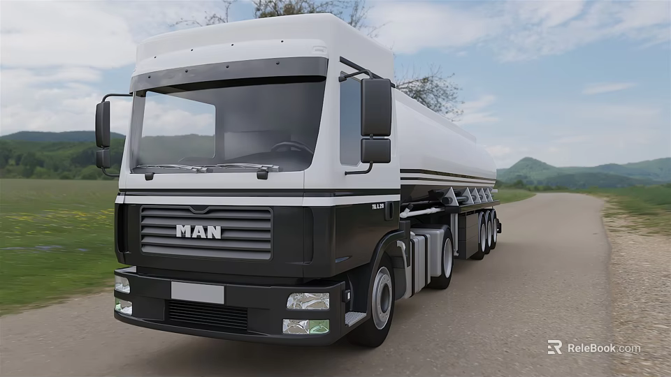 MAN Tanker Truck In Black And White Driving On Country Road With Green Landscape 3d model 