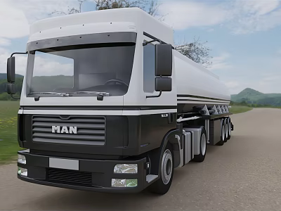 MAN Tanker Truck In Black And White Driving On Country Road With Green Landscape 3d model