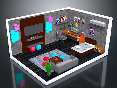 Modern Room Interior Design With Sofa Coffee Table TV Desk Wall Art And Flower Decorations 3d model