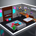 Modern Room Interior Design With Sofa Coffee Table TV Desk Wall Art And Flower Decorations