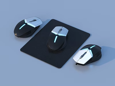 Three Modern Computer Mice With LED Lights On Black Mouse Pad 3d model