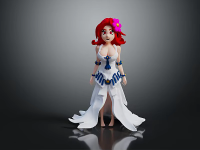 Game And Movie Character With Red Hair Pink Flower White Long Dress And Blue Decorations 3d model