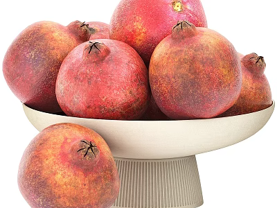 Fresh Red Pomegranates In White Pedestal Bowl With Ripe Juicy Appearance 3d model