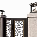 Wrought Iron Entrance Gate With Geometric Pattern Stone Pillars And Lanterns 3d model