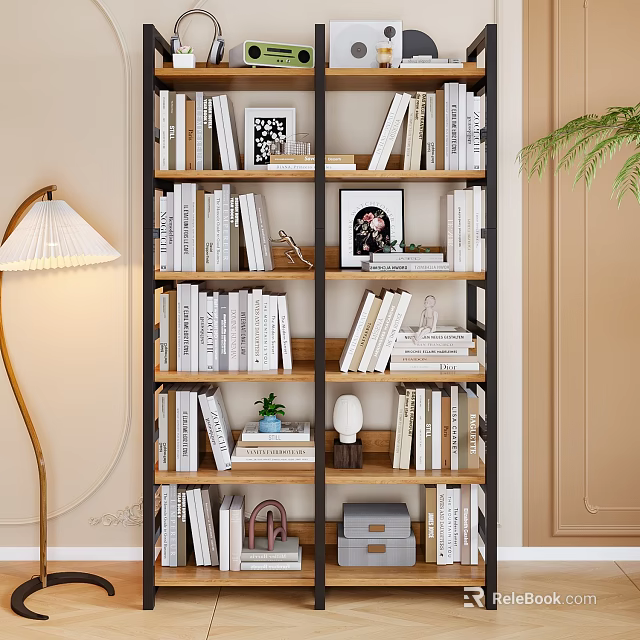 Modern Chest of Drawers with Stacked Books Framed Art Decorative Plants and Table Lamp 3d model 