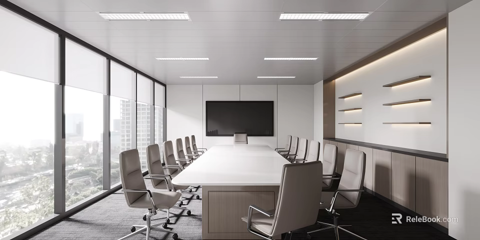Modern Conference Room With Large Windows City View Long Table Gray Chairs Recessed Lights Shelves 3d model 