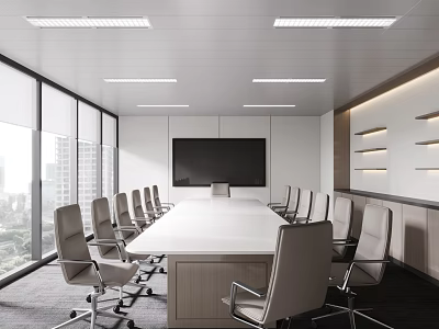 Modern Conference Room With Large Windows City View Long Table Gray Chairs Recessed Lights Shelves 3d model