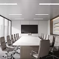 Modern Conference Room With Large Windows City View Long Table Gray Chairs Recessed Lights Shelves