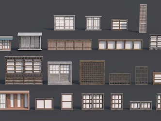 Japanese style window wood frame window sliding window combination modern window 3d model