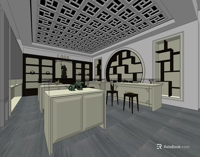 Luxury Store Interior Design With Display Counters Circular Arch And Ceiling Patterns 3d model