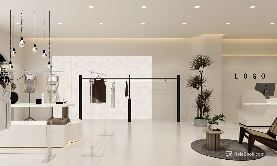Modern Clothing Store Interior With Hanging Clothes Racks Mirror Decorative Plants And Lighting 3d model 
