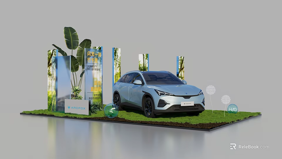 Light Blue SUV Showcased on Green Lawn With Large Plants and Exhibition Elements 3d model 