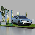 Light Blue SUV Showcased on Green Lawn With Large Plants and Exhibition Elements