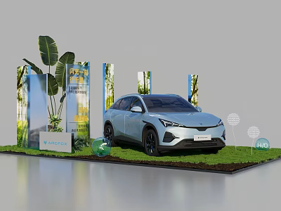 Light Blue SUV Showcased on Green Lawn With Large Plants and Exhibition Elements 3d model
