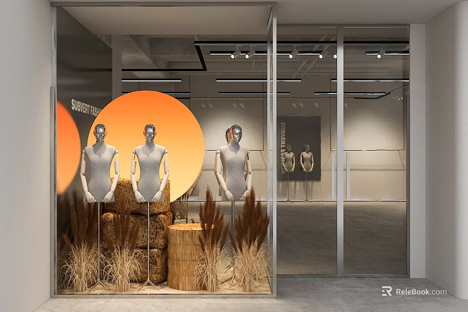 Modern Window Display With Three Mannequins Orange Circular Backdrop Dried Grass And Wooden Stumps 3d model 