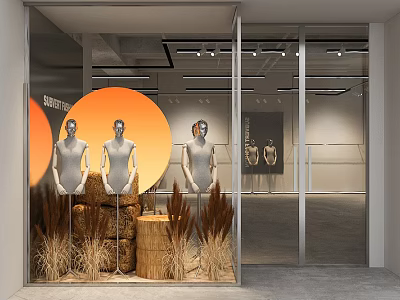 Modern Window Display With Three Mannequins Orange Circular Backdrop Dried Grass And Wooden Stumps 3d model