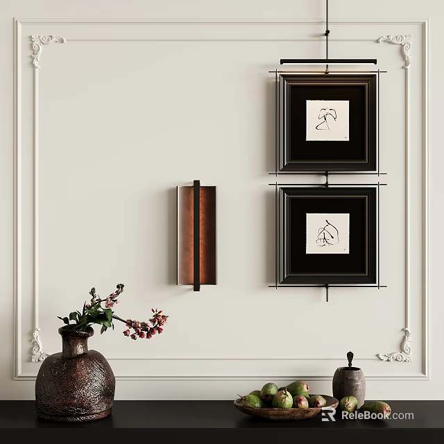 White Wall Decor With Two Black Framed Paintings Wall Sconce And Vase 3d model