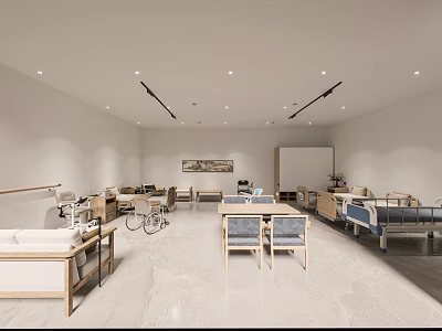Bright Spacious Modern Rehabilitation Room With Wheelchairs Beds And Tables 3d model