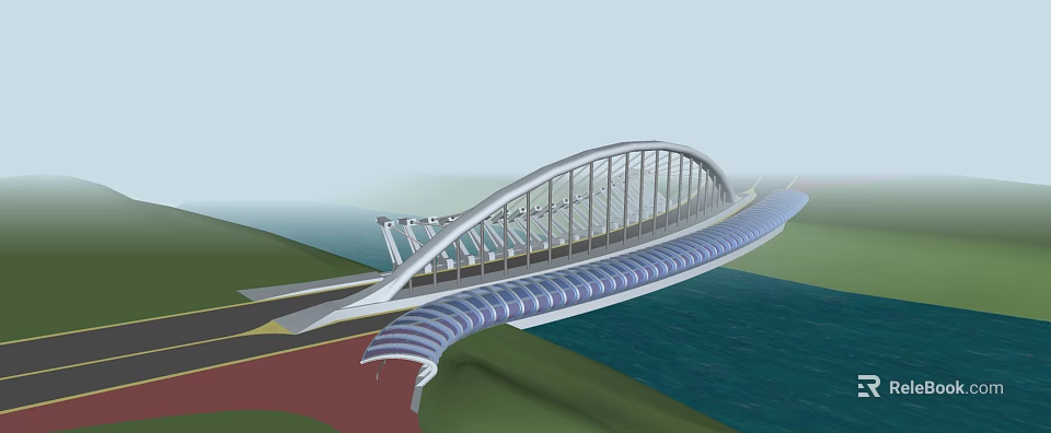 Modern Curved Arch Bridge Design Over Blue Water With Pedestrian Walkway 3d model 