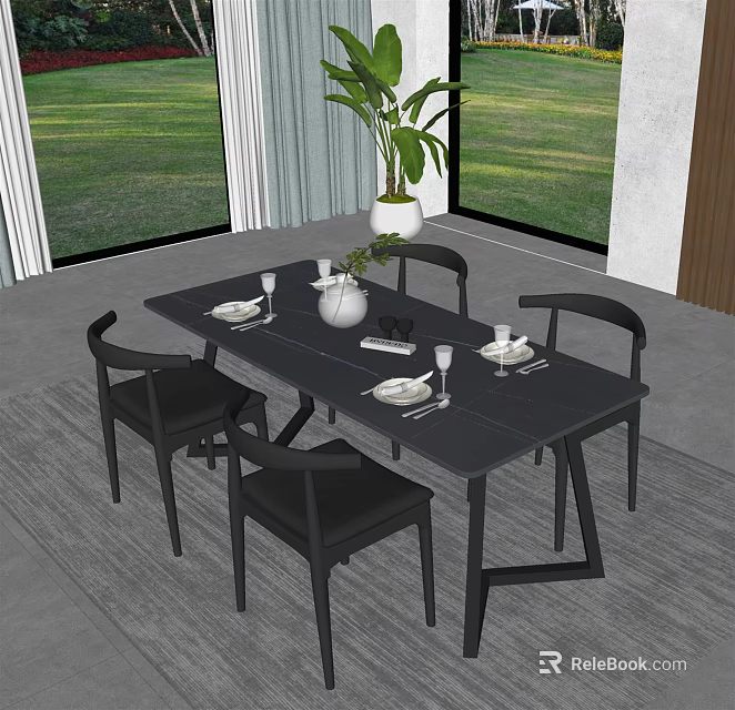 Modern Black Dining Table Set With Chairs Tableware Vase Green Plant And Lawn View 3d model 
