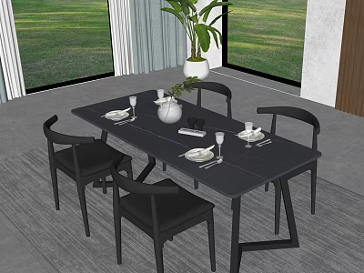 Modern Black Dining Table Set With Chairs Tableware Vase Green Plant And Lawn View 3d model