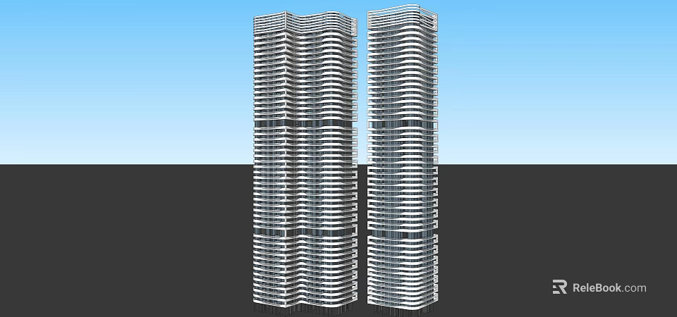 Modern Twin High Rise Buildings With Glass Facade And Curved Structure Design 3d model 