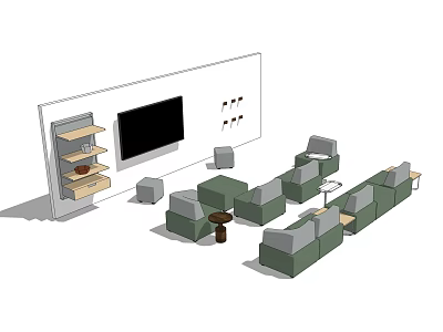 Modern Living Room Sofa And Coffee Table Set With TV Wall And Shelves 3d model
