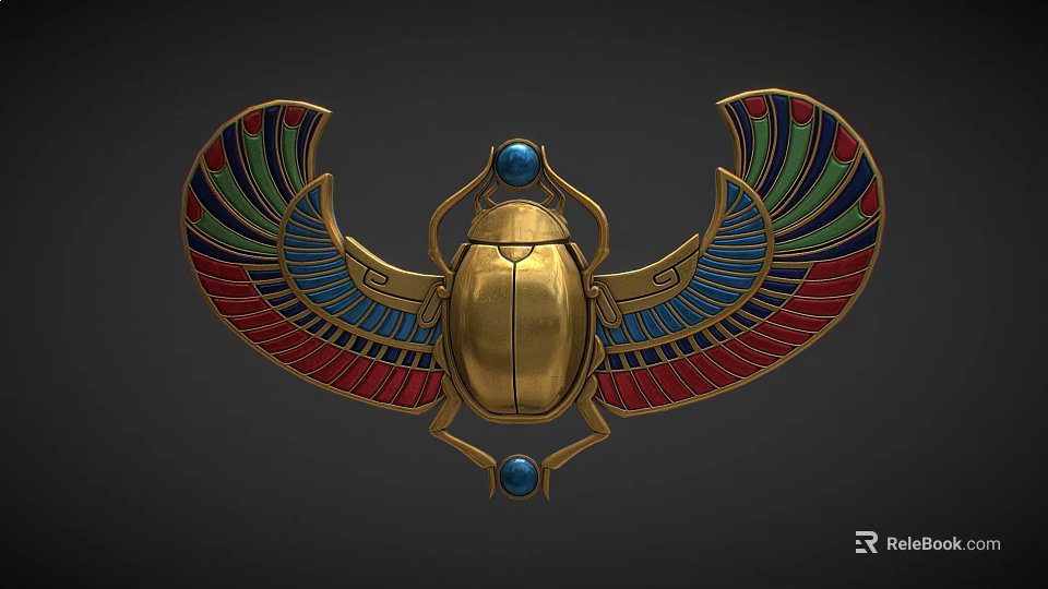 Egyptian Inspired Golden Scarab Jewelry with Colorful Wings and Blue Gemstones 3d model 