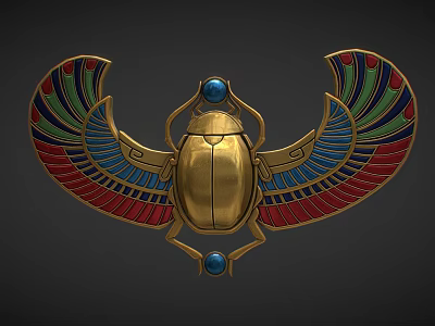 Egyptian Inspired Golden Scarab Jewelry with Colorful Wings and Blue Gemstones 3d model