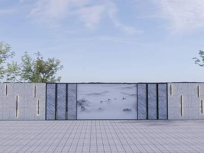 Traditional Chinese Scenic Wall With Landscape Painting And Green Trees In Paved Square 3d model
