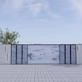 Traditional Chinese Scenic Wall With Landscape Painting And Green Trees In Paved Square