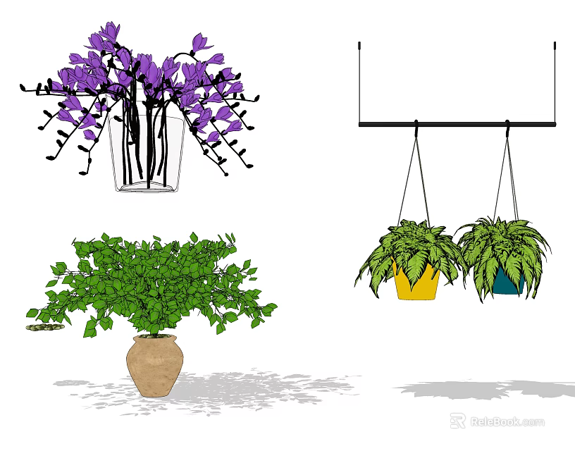 Purple Flowers In Transparent Vase With Green Plants In Terracotta Pot For Interior Decor 3d model 